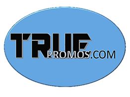 Blue oval logo with "TRUE PROMOS.COM" in bold black and white text.