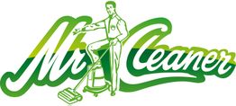 Illustration: Figur mit Mopp und Eimer, der Schriftzug "Mr Cleaner" in Grün und Gelb.