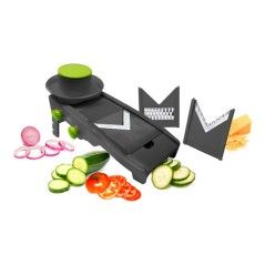 Mandoline slicer with vegetables and interchangeable blades, including cucumber and tomato slices.