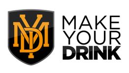 Schwarzes Wappen mit orangem Monogramm „MYD“ und Text „MAKE YOUR DRINK“ in Schwarz.