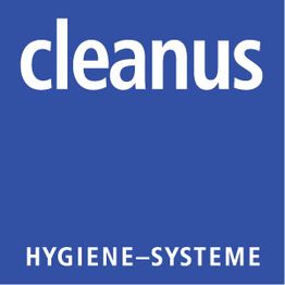 Blaues Logo mit weißer Schrift: „cleanus HYGIENE-SYSTEME“.