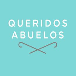 Texto "Queridos Abuelos" y bastones cruzados sobre fondo azul.