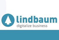Logo von Lindbaum mit Baum-Symbol und Slogan "digitalize business" in Blau.