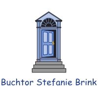 Illustration: Blaues Tür-Logo mit dem Text "Buchtor Stefanie Brink" darunter.