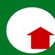 Cerchio bianco con freccia rossa a forma di casa su sfondo verde.