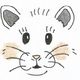 Tekening van een schattig kattengezicht met grote ogen, grijze oren en snorharen.