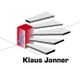 Logo mit rotem Würfel, blauem "JK" und grauen Schichten rechts daneben. Text: Klaus Janner.