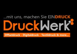 Logo "DruckWerk" mit Slogan und Dienstleistungen: Offsetdruck, Digitaldruck, Textildruck.