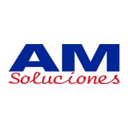 Logo de "AM Soluciones" con letras azules y rojas.