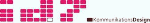 Logo mit Pixeln in rosa und Text "Communication Design" in Grau und Rot.