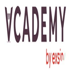 Logo met tekst "VCADEMY by exsin" in paarse en rode letters.