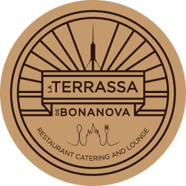 Logotipo circular de "La Terrassa de Bonanova" con utensilios y torre estilizada.