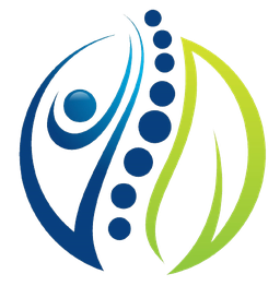 Abstract blue and green figure with dots forming a spine shape, symbolizing wellness.