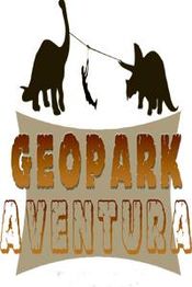 Dinosaurios en silueta sobre texto "Geopark Aventura".