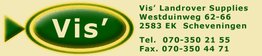Groen logo van Vis' Landrover Supplies met contactgegevens in Scheveningen.