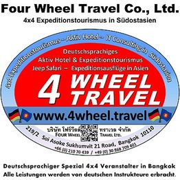 Logo von 4 Wheel Travel, spezialisiert auf 4x4-Expeditionstouren in Südostasien, mit Kontaktinfos.