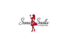 Logo "Sana e Snella": siluetta di donna in rosso con fiore, testo elegante in nero.