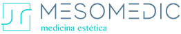 Logotipo de Mesomedic, medicina estética, con diseño minimalista en turquesa y negro.