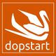 Logo rosso con cigno stilizzato bianco sopra la scritta "dopstart" in basso.