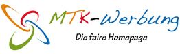 Logo mit farbigen Spiralen, Text: "MTK-Werbung, Die faire Homepage".