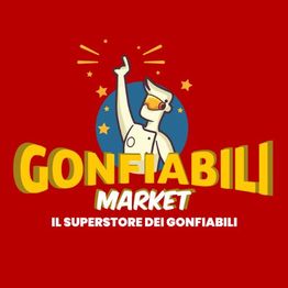 Logo "Gonfiabili Market" con un astronauta e stelle su sfondo rosso.