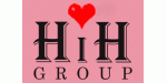Logo mit "H i H GROUP" und rotem Herz auf rosa Hintergrund.