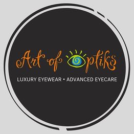 Logo with text: "Art of Optiks - Luxury Eyewear, Advanced Eyecare," featuring an eye graphic.