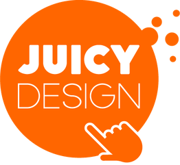Juicy Design-Logo: Weißer Text auf orangefarbenem Kreis mit zeigender Hand daneben.