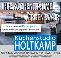 Küchenstudio-Werbung mit moderner Küche und Kontaktdaten von Küchenstudio Holtkamp.