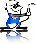 Cartoon-Schweißer in blauer Latzhose und Schutzbrille, hält ein Schweißgerät in der Hand.
