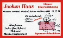Geschäftskarte von Jochen Haas, Glaserei und Bilderrahmung, mit Hase und Farbelementen.