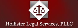 Scales of justice logo with "Hollister Legal Services, PLLC" text on a red background.