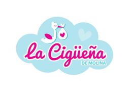 Logo de "La Cigüeña de Molina" con nube azul, cigüeña y corazones.