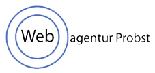 Logo der Webagentur Probst mit blauem Text auf gelbem Hintergrund und Kreisen um "Web".