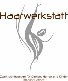 Logo der Haarwerkstatt mit stilisiertem Gesicht und Haar, Text zu Zweithaarlösungen und mobilem Service.