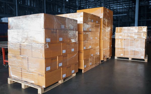 Kartons verpackt in Folie auf Paletten in einer großen Industriehalle.