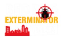 Red bug target graphic with "Exterminator" text, cityscape silhouette below.