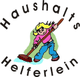 Mädchen kehrt Boden mit einem Besen, Schriftzug „Haushalts Helferlein“ im Kreis.
