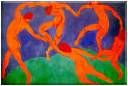 Danza moderna di figure rosse su sfondo blu e verde, esprime movimento e dinamismo.
