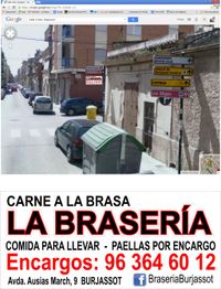 Calle con cartel de "La Brasería", avenida Ausias March 9, Burjassot. Encargos: 96 364 60 12.