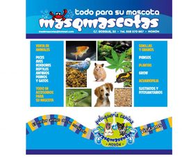 Anuncio de tienda de mascotas con fotos de animales y productos. Incluye peces, plantas y perros.
