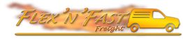 Gelbes Lieferwagen-Logo mit dem Text "Flex 'n' Fast Freight" und einem Flammeneffekt im Hintergrund.