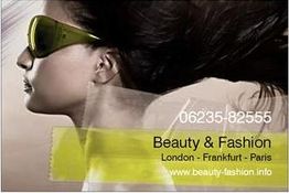 Frau mit Brille, Text: „Beauty & Fashion“, Standorte: London, Frankfurt, Paris, Webseite angegeben.