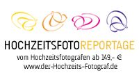 Hochzeitsfotoreportage Logo, verschiedene farbige Ringe, Preis ab 149 €, Webseite genannt.
