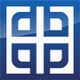 Symmetrical white geometric design on a blue gradient background.