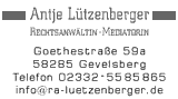 Visitenkarte von Antje Lützenberger, Rechtsanwältin und Mediatorin, mit Kontaktinformationen.