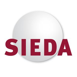 Logo mit rotem Text "SIEDA" vor einem großen weißen Kreis.
