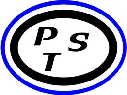 Schwarzweißer Kreis mit blauen Rändern, Buchstaben "P", "S", "T" in der Mitte.