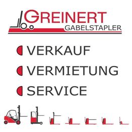 Gabelstapler-Werbung: Verkauf, Vermietung, Service. Grafiken von verschiedenen Gabelstaplertypen.