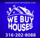 "We buy houses ad with website and phone contact on blue background."